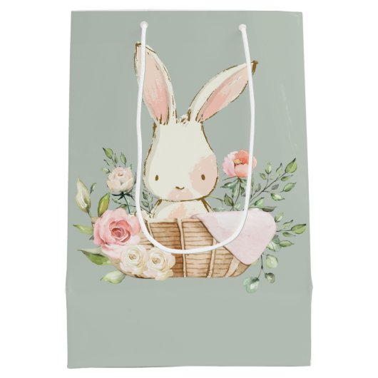 Sage Green Baby Rabbit Elegante Baby Dusche Mittlere Geschenktüte (Rückseite)