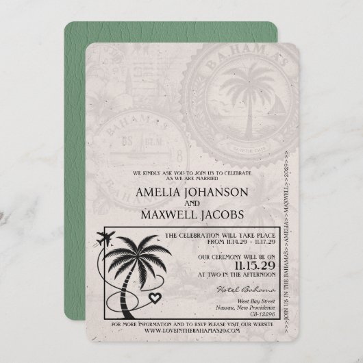 Sage Green Bahamas Pass Einladung zur Hochzeit (Vorne/Hinten)