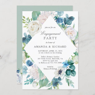 Sage Green Bale Blue White Floral Engagement Party Einladung