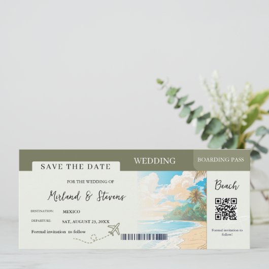 Sage green Beach Ship Boarding Hochzeit Save The Date (Stehend Vorderseite)