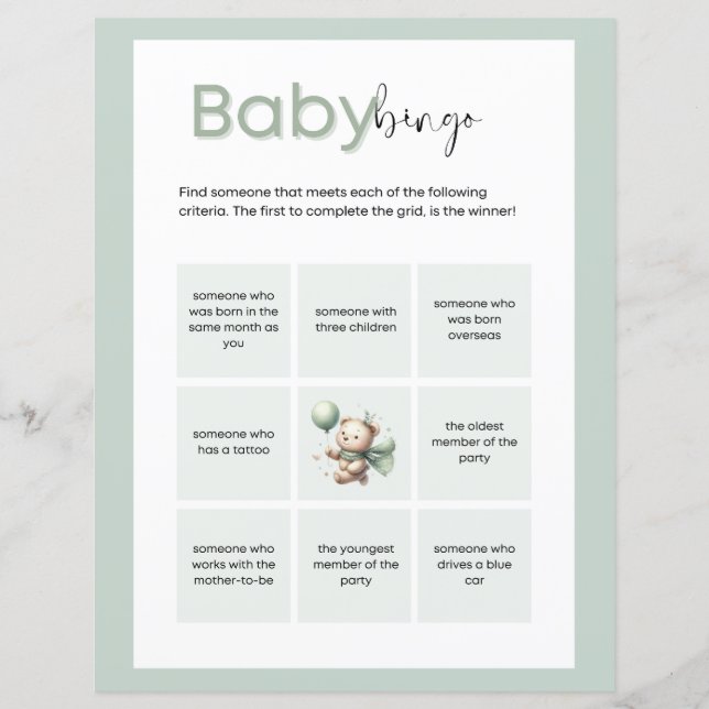 Sage Green Bear Baby Bingo (Vorderseite)