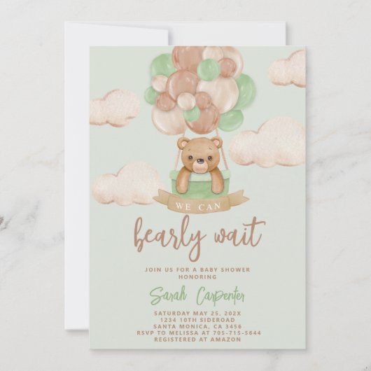 Sage Green Bear Baby Shower Boy Einladung (Vorderseite)