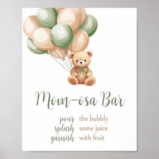 Sage Green Bear Balloon Babydusche Mama Osa Bar Poster (Vorne)