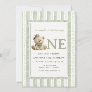 Sage Green Beary First Birthday Floral Stripe Einladung