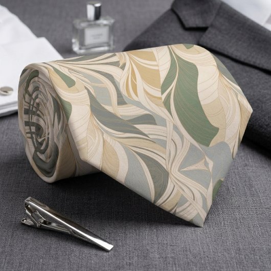 Sage Green Beige Abstract Foliage Pattern Krawatte