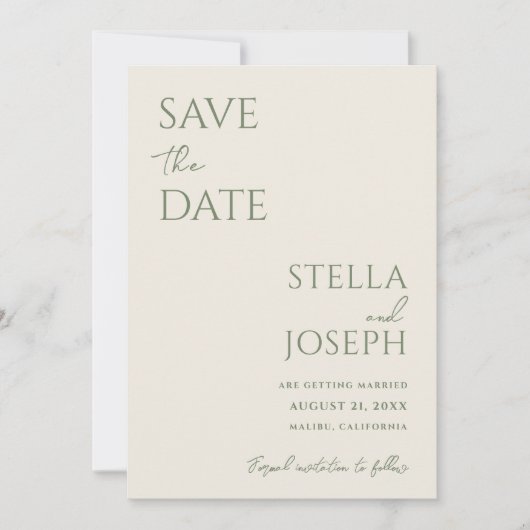 Sage Green Beige Boho Chic Moderne Minimale Hochze Save The Date (Vorderseite)