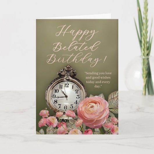 Sage Green Beige Floral Belated Birthday Card Karte (Vorderseite)