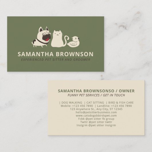Sage Green Beige Hund Katze Bird Pet Sitter Visitenkarte (Vorne/Hinten)