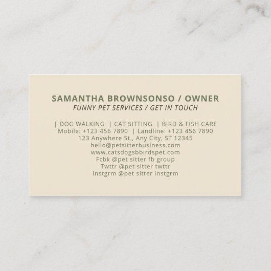 Sage Green Beige Hund Katze Bird Pet Sitter Visitenkarte (Rückseite)