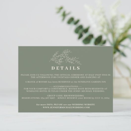 Sage Green Beige Ivy Hochzeitsunterkunft Details Einladung (Stehend Vorderseite)
