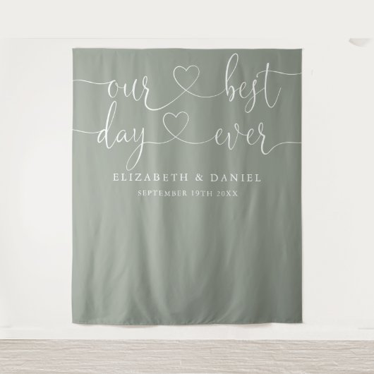 Sage Green Best Day Ever Heart Script Wedding Wandteppich (Vorderseite)