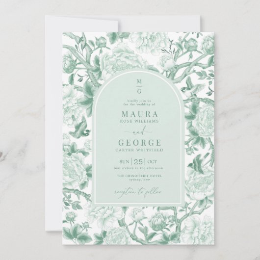 Sage Green Birds Peony Chinoiserie Garden Hochzeit Einladung (Vorderseite)