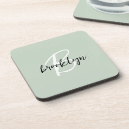 Sage Green Black and White Script Monogram Getränkeuntersetzer
