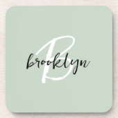 Sage Green Black and White Script Monogram Getränkeuntersetzer (Vorderseite)