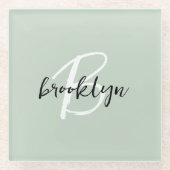 Sage Green Black and White Script Monogram Glasuntersetzer (Vorderseite)