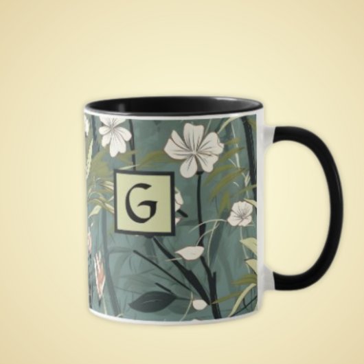 Sage Green Black Floral Japanese Style Monogram  Tasse