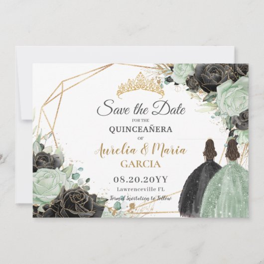 Sage Green Black Floral Twins XV Quinceañera Save The Date (Vorderseite)