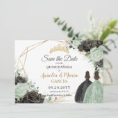 Sage Green Black Floral Twins XV Quinceañera Save The Date (Stehend Vorderseite)
