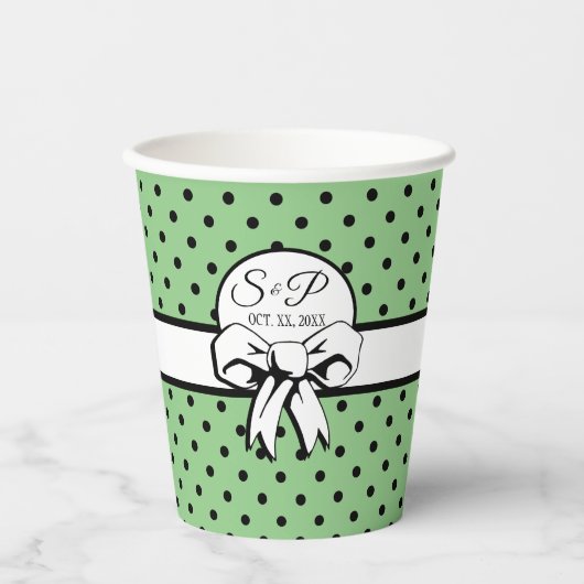 Sage Green Black Polka Dot White Bow Personalisier Pappbecher (Vorderseite)