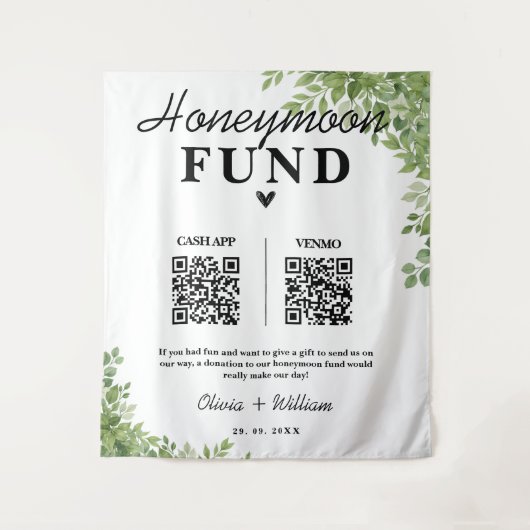 Sage Green Blätter Honeymoon Fund QR Wedding Wandteppich (Vorderseite)