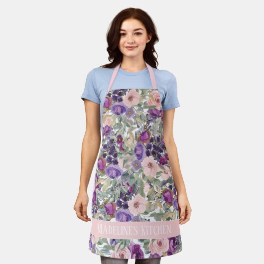 Sage Green Blätter Lila Pink Blume Küche Schürze (Getragen)