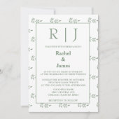 Sage Green Blätter Monogram QR Code Hochzeit Einladung (Vorderseite)