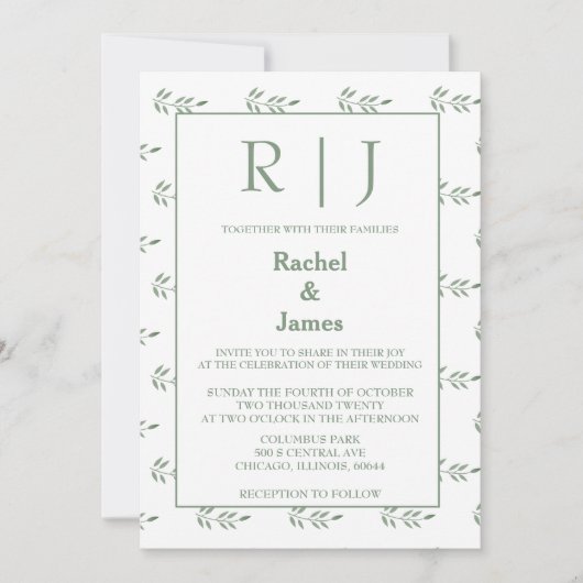 Sage Green Blätter Monogram QR Code Hochzeit Einladung (Vorderseite)