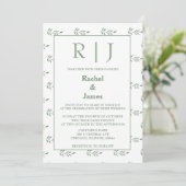 Sage Green Blätter Monogram QR Code Hochzeit Einladung (Stehend Vorderseite)
