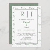 Sage Green Blätter Monogram QR Code Hochzeit Einladung (Vorne/Hinten)