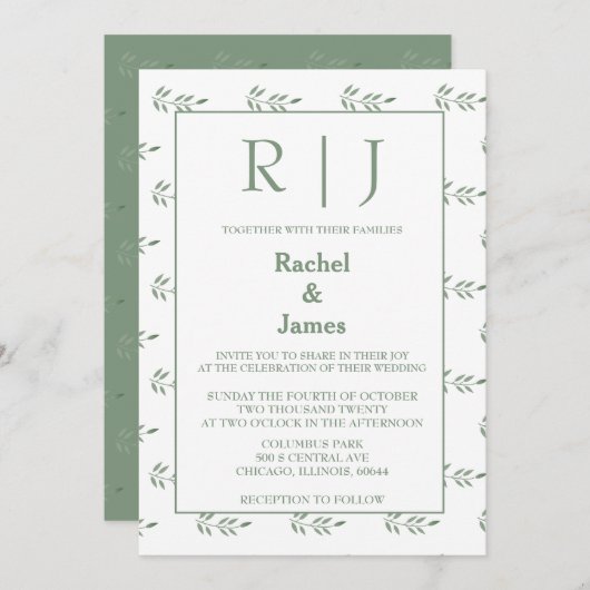 Sage Green Blätter Monogram QR Code Hochzeit Einladung (Vorne/Hinten)