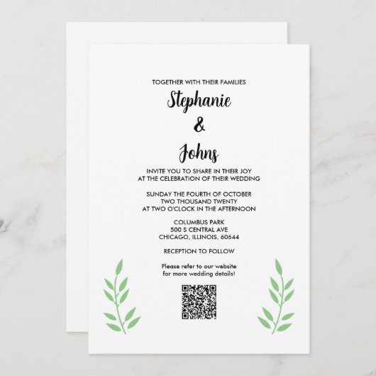 Sage Green Blätter QR Code Schwarzes Skript Hochze Einladung (Vorne/Hinten)
