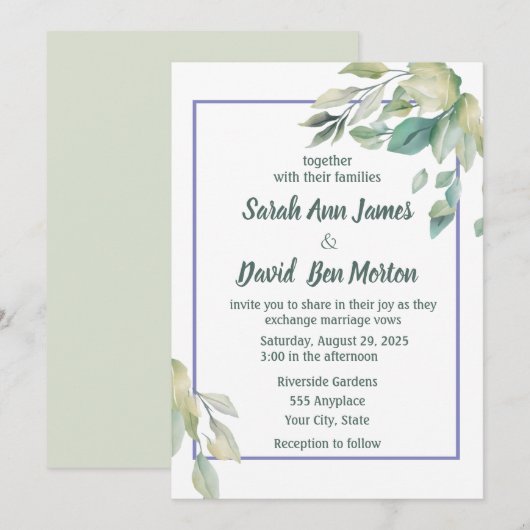 Sage Green Blätter Simple Greenerity Wedding Einladung (Vorne/Hinten)
