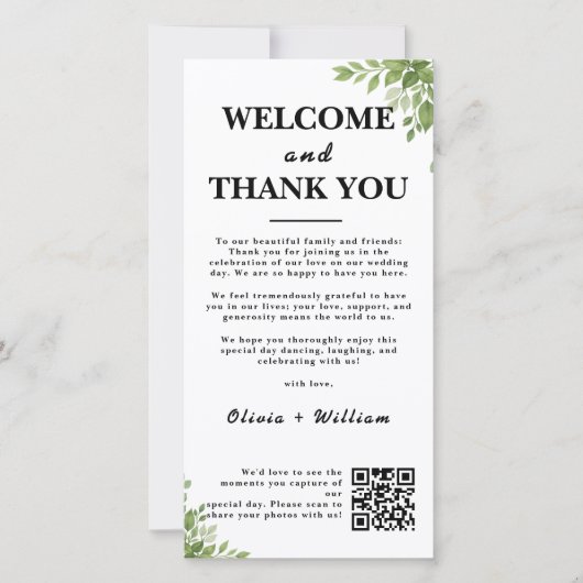 Sage Green Blätter Vielen Dank Willkommen QR Code Dankeskarte (Vorderseite)