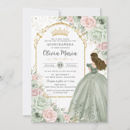 Sage Green Blink Pink BlumenPrinzessin Quinceañera Einladung (Vorderseite)