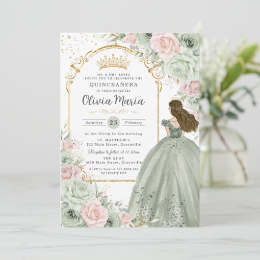 Sage Green Blink Pink BlumenPrinzessin Quinceañera Einladung (Stehend Vorderseite)