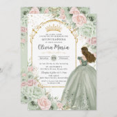 Sage Green Blink Pink BlumenPrinzessin Quinceañera Einladung (Vorne/Hinten)