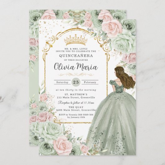 Sage Green Blink Pink BlumenPrinzessin Quinceañera Einladung (Vorne/Hinten)