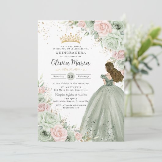 Sage Green Blink Pink BlumenPrinzessin Quinceañera Einladung (Stehend Vorderseite)