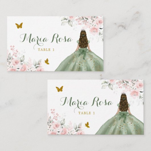 Sage Green Blink Pink BlumenPrinzessin Quinceañera Platzkarte (Vorne/Hinten)
