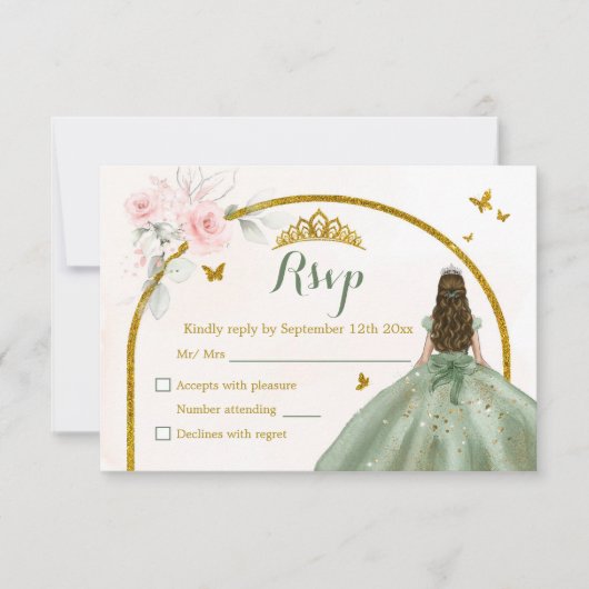 Sage Green Blink Pink Princess Quinceañera RSVP Karte (Vorderseite)