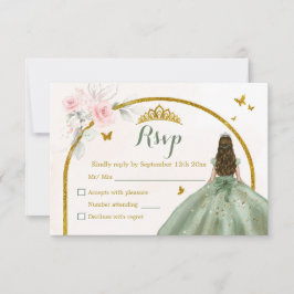 Sage Green Blink Pink Princess Quinceañera RSVP Karte