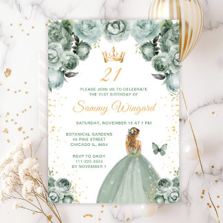 Sage Green Blonde Hair Princess Birthday Party Einladung