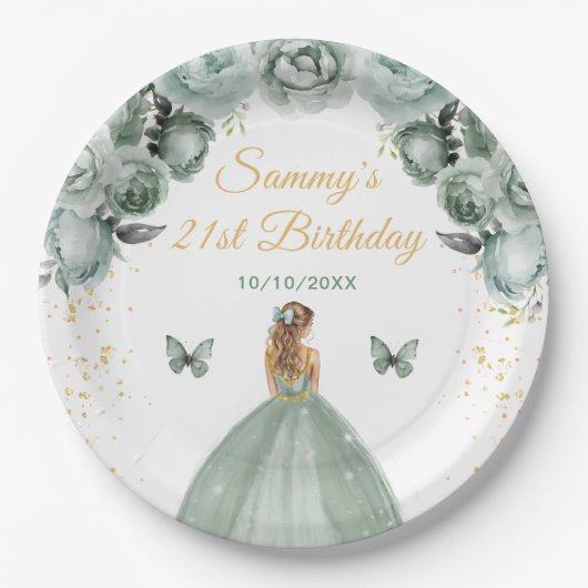 Sage Green Blonde Hair Princess Birthday Party Pappteller (Vorderseite)