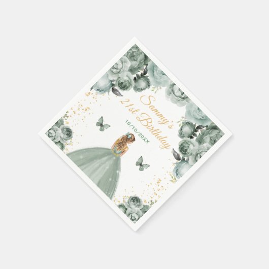 Sage Green Blonde Hair Princess Birthday Party Serviette (Ecke)