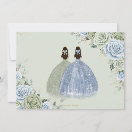 Sage Green Blue Floral Twins Quinceanera Sweet 16 Save The Date (Rückseite)
