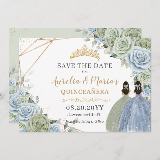 Sage Green Blue Floral Twins Quinceanera Sweet 16 Save The Date (Vorne/Hinten)