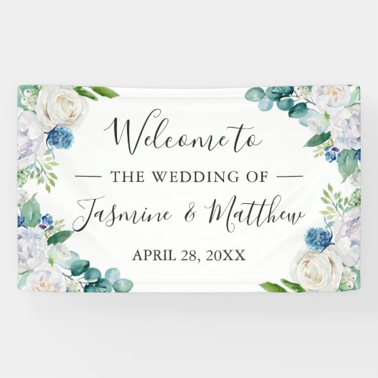 Sage Green Blue White Floral Wedding Party Banner (Horizontal)