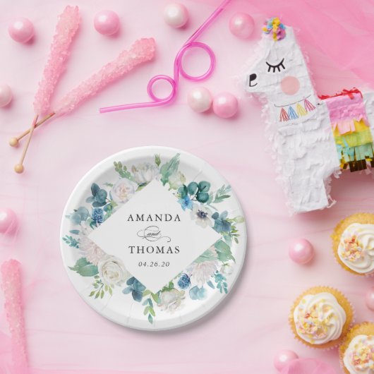 Sage Green Blue White Pastel Blumenkraut Hochzeit Pappteller (Party)