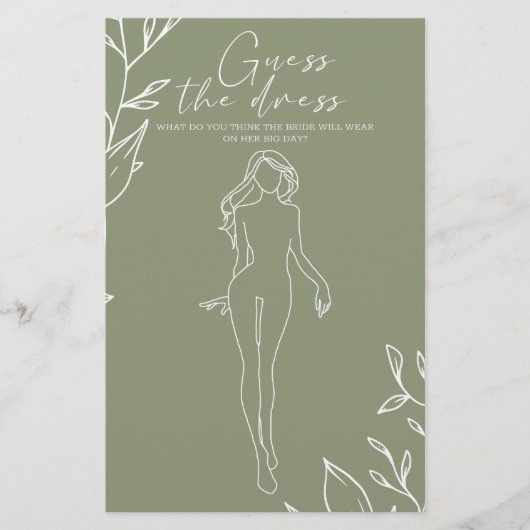Sage Green Blume Bridal Game Guess the Dress Flyer (Vorne)