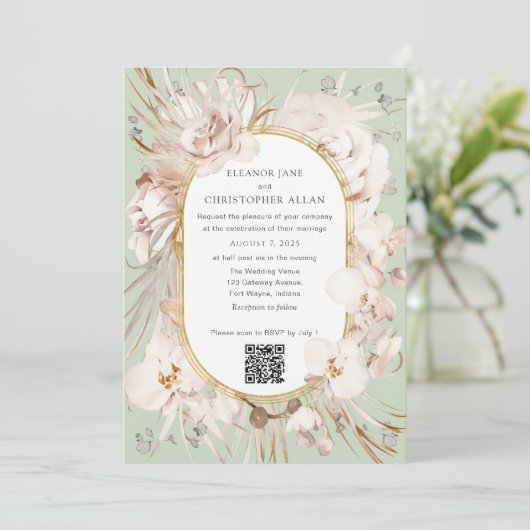 Sage Green Blumengarten Moderne QR Code Hochzeit Einladung (Stehend Vorderseite)